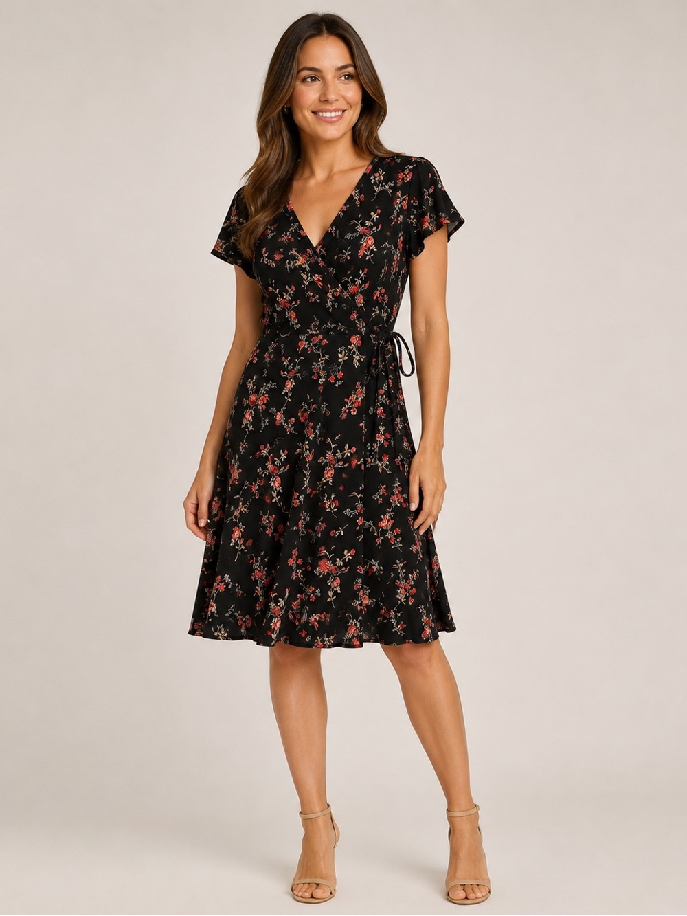 Kaileigh Black Floral Faux Wrap Dress Small Tie Waist Flutter Sleeve Midi Dress